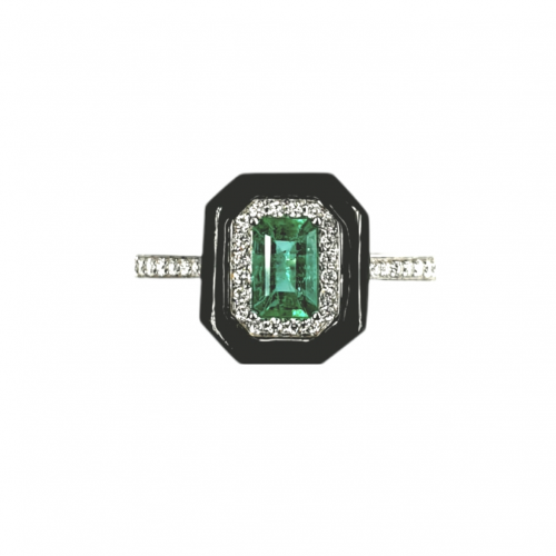 Baltā zelta gredzens ar smaragdu, briljantiem un oniksu