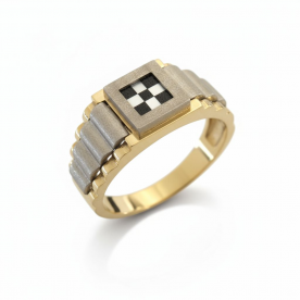 Men's ring CHESS in white and yellow gold with onyx and mother-of-pearl shell