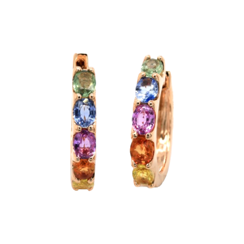 Rose gold earrings with sapphires in rainbow colors