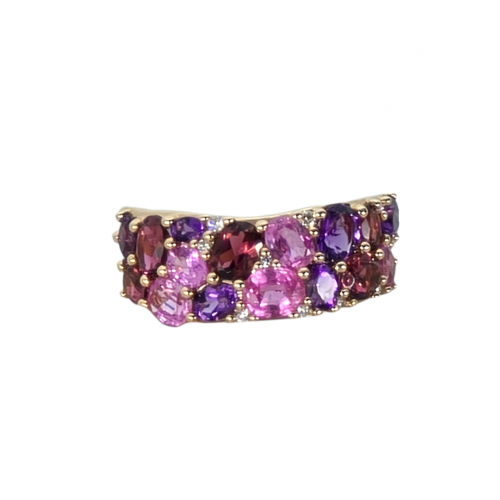 Rose gold ring with diamonds, sapphires, tourmalines and amethysts