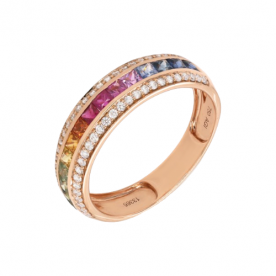 Кольцо из розового золота с сапфирами цвета радуги и белыми бриллиантами