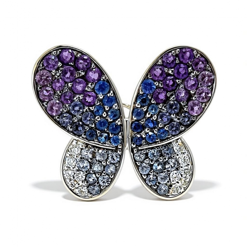 FERAUD ЗОЛОТАЯ БРОШЬ-КУЛОН С БРИЛЛИАНТАМИ, САПФИРАМИ, АМЕТИСТАМИ И ИОЛИТАМИ