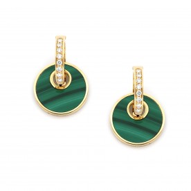 Yellow gold earrings with diamonds and malachites