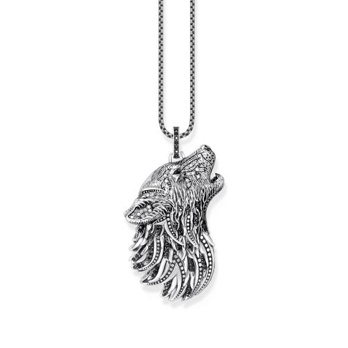 THOMAS SABO Silver blackened pendant howling wolf with stones