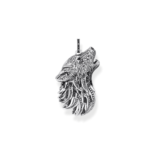 THOMAS SABO Silver blackened pendant howling wolf with stones