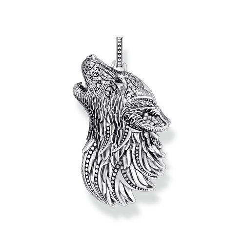 THOMAS SABO Silver blackened pendant howling wolf with stones